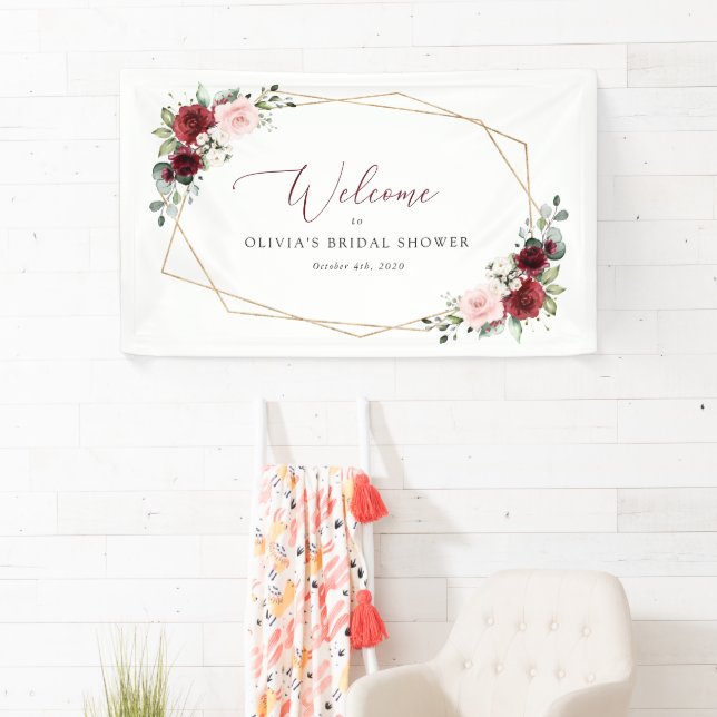 Burgundy Red Flowers, Pink Flowers, Bridal Welcome Banner (Insitu)