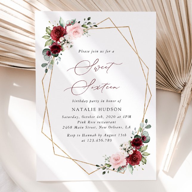 Burgundy Red Flowers, Pink Flowers, Sweet 16 Invitation (Creator Uploaded)