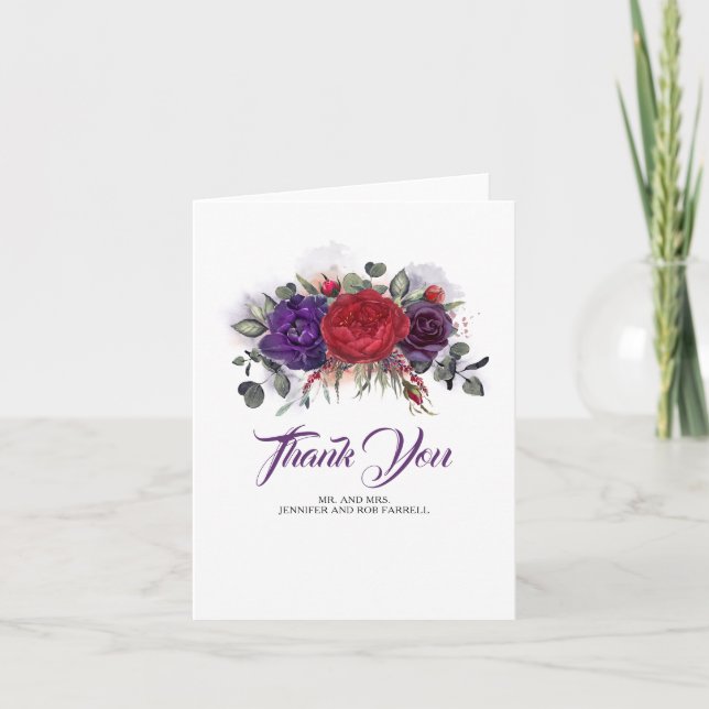 Burgundy Red Flowers Plum Wedding Thank You (Front)