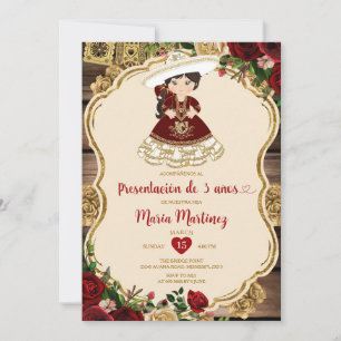 Burgundy Red Flowers Presentación De Tres Años Invitation