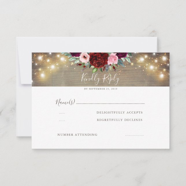 Burgundy Red Flowers Rustic Wedding RSVP Card (Front)