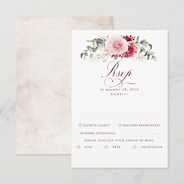Burgundy Red Foliage Boho Wedding RSVP Card (Front/Back)