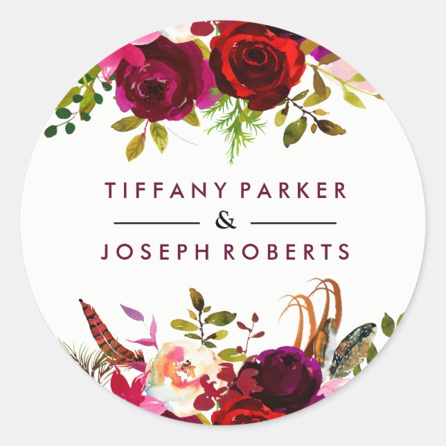 Burgundy Red Garden Floral Wedding Classic Round Sticker (Front)