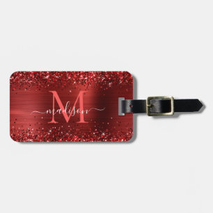 Burgundy Red Glitter Brush Metal Monogram Script Luggage Tag