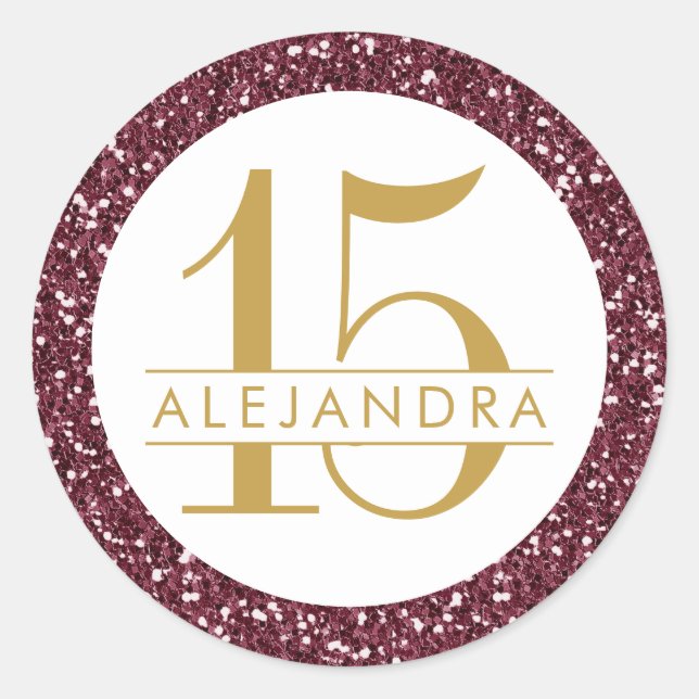 Burgundy Red Glitter Quince Años Sticker Label (Front)
