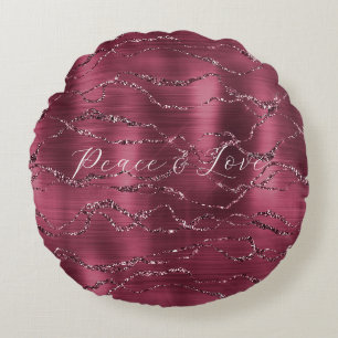 Burgundy Red Glitzy Glitter Stripes Round Pillow