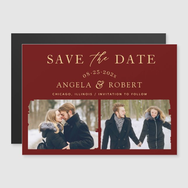 Burgundy Red Gold 2 Photo Save the Date Magnet (Devant / Derrière)