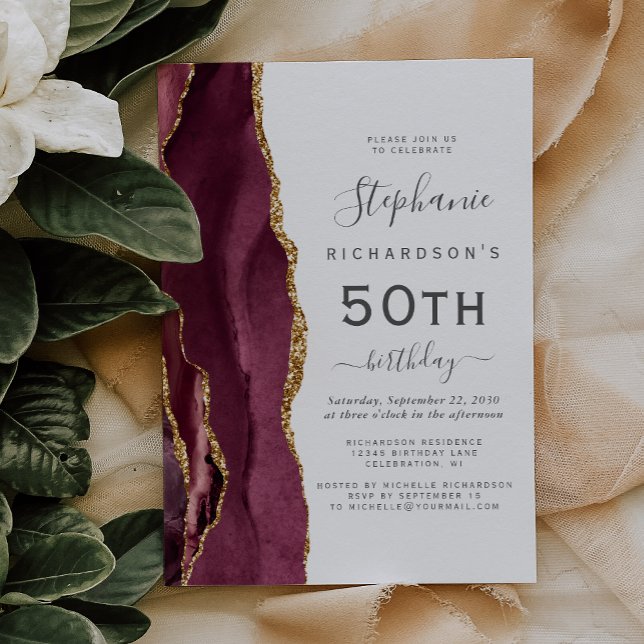 Burgundy Red Gold Agate 50th Birthday Party Invitation (Creator Uploaded)