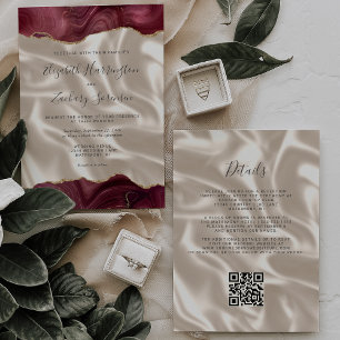 Burgundy Red Gold Agate Ivory Silk QR Code Wedding Invitation