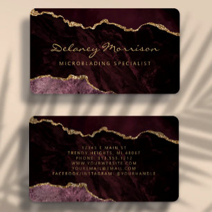 Burgundy Red Gold Agate Microblading Rounded Business Card