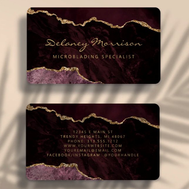 Burgundy Red Gold Agate Microblading Rounded Business Card (Creator Uploaded)