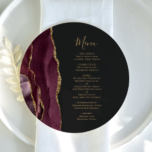 Burgundy Red Gold Agate Round Plate Wedding Menu