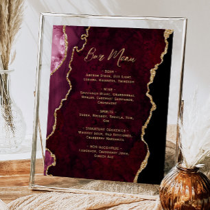 Burgundy Red Gold Agate Script Wedding Bar Menu  Poster