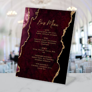 Burgundy Red Gold Agate Wedding Bar Menu Pedestal Sign