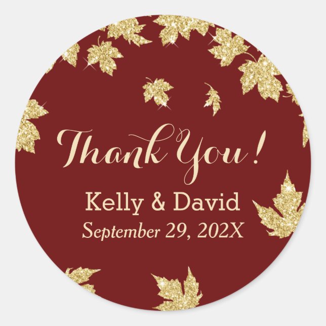 Burgundy Red & Gold Autumn Leaves Fall Wedding Classic Round Sticker (Front)