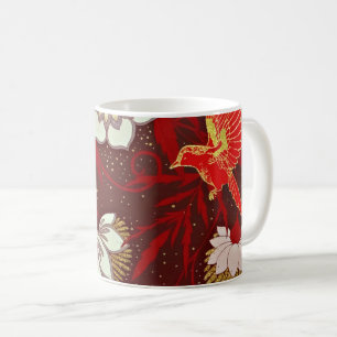 Burgundy Red Gold Bird Flowers Glitter Coffee Mug