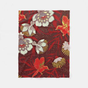 Burgundy Red Gold Bird Flowers Glitter Fleece Blanket