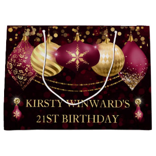 Burgundy Red Gold Christmas Baubles Birthday Large Gift Bag