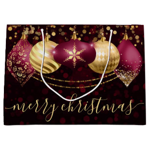 Burgundy Red Gold Christmas Baubles Holidays Large Gift Bag