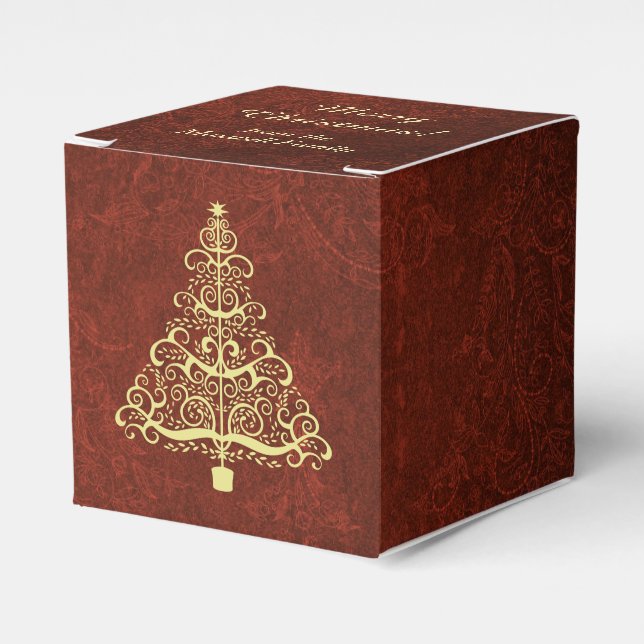 Burgundy Red Gold Christmas Tree Personalized Favor Box (Front Side)