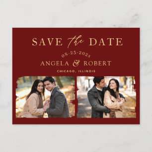 Burgundy Red Gold Classy 2 Photo Save the Date Postcard