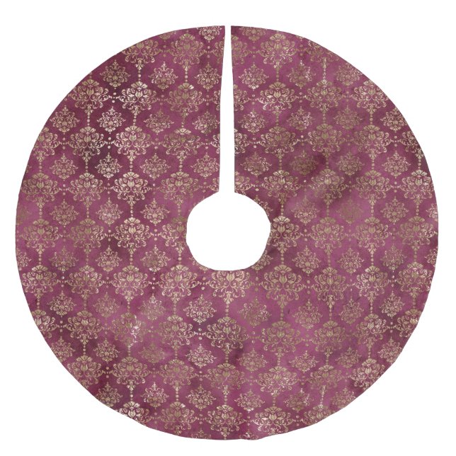 Burgundy Red Gold Damask Brushed Polyester Tree Skirt (Front)
