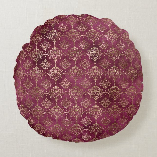 Burgundy Red Gold Damask Round Pillow (Front)