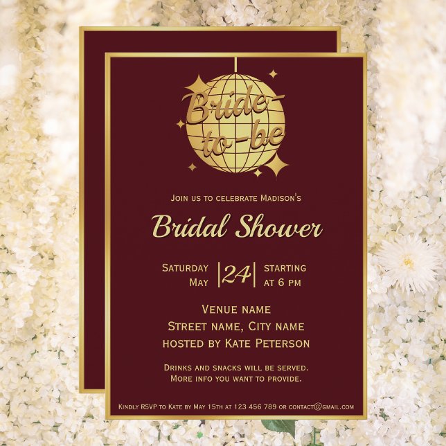 Burgundy red gold disco ball bridal shower  invitation (Creator Uploaded)