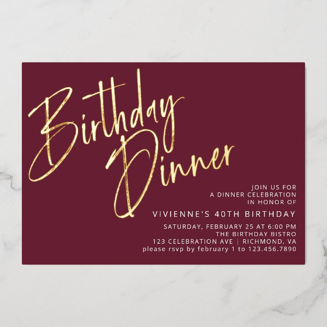 Burgundy Red & Gold Elegant Maroon Birthday Dinner (Front)