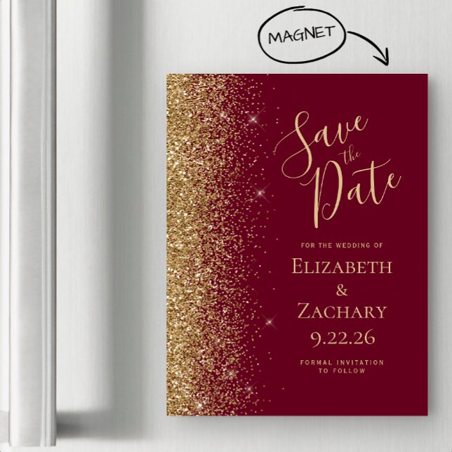 Burgundy Red Gold Enregistrer la date Carte magnét (Créateur téléchargé)