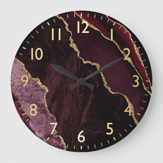 Burgundy Red & Gold Faux Glitter Marble Agate Large Clock (Front)