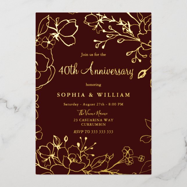 Burgundy Red Gold Floral 40th Wedding Anniversary (Front)