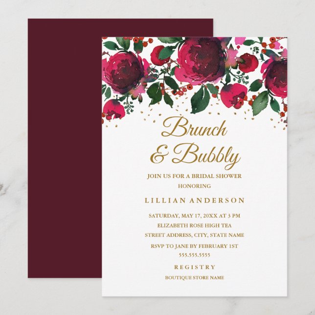 Burgundy Red Gold Floral Brunch And Bubbly Invitation (Front/Back)