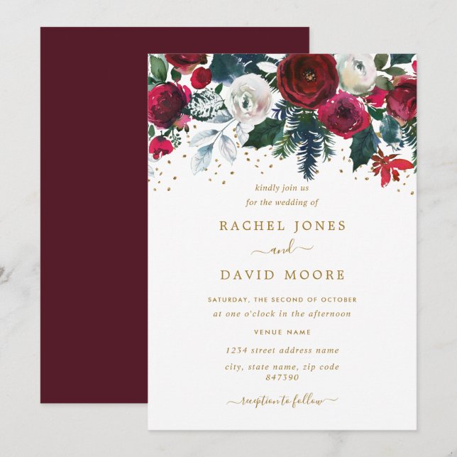 Burgundy Red Gold Floral Christmas Wedding Invitation (Front/Back)