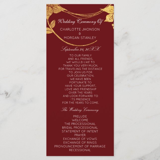 Burgundy Red  Gold Floral Event Wedding Program (Front)