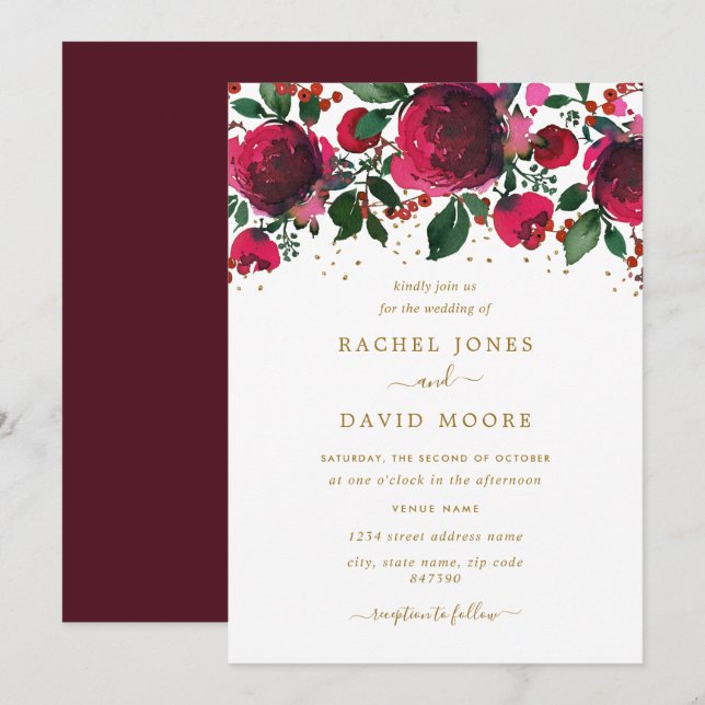 Burgundy Red Gold Floral Faire-part de mariage (Devant / Derrière)