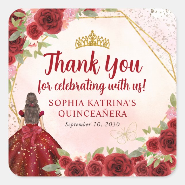 Burgundy Red Gold Floral Princess Crown Thank You Square Sticker (Front)