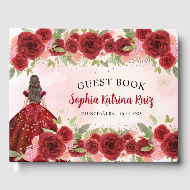 Burgundy Red Gold Floral Princess Quinceañera Guest Book (Front)