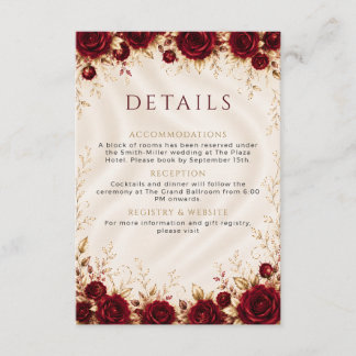Burgundy Red Gold Floral Wedding Details Card