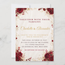 Burgundy Red Gold Floral Wedding Invitation Card