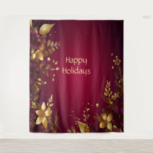 Burgundy Red Gold Flowers Holiday Backdrop Tapestry