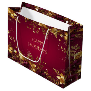 Burgundy Red Gold Flowers Holiday Gift Bag