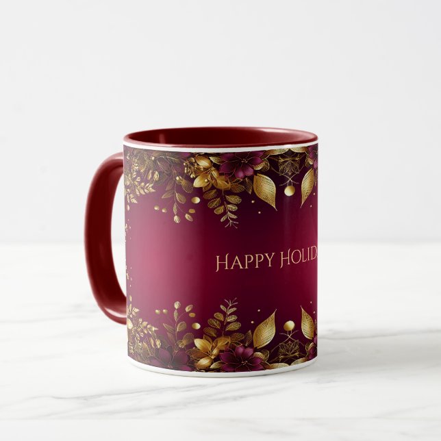 Burgundy Red Gold Flowers Holiday Mug (Front Left)