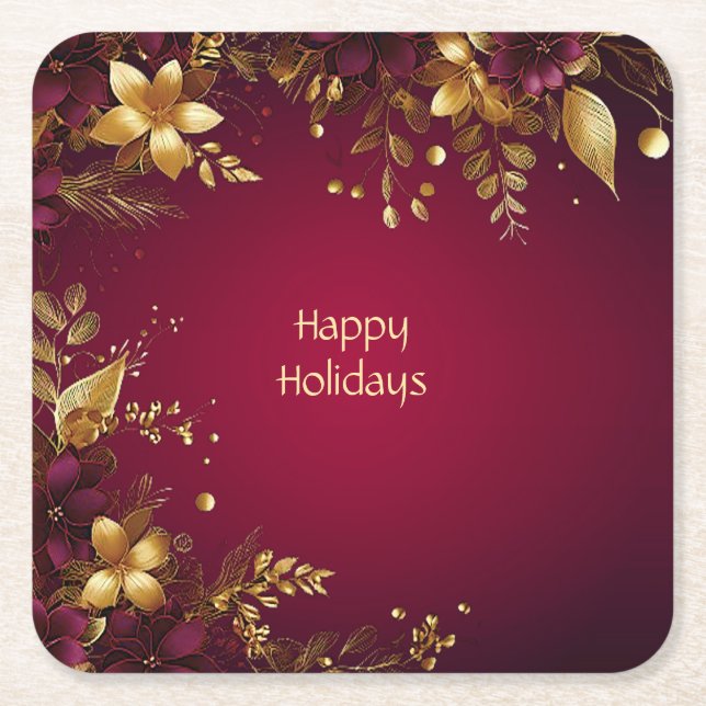 Burgundy Red Gold Flowers Holiday Paper Coaster (Front)