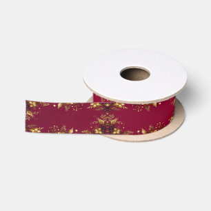 Burgundy Red Gold Flowers Holiday Satin Ribbon