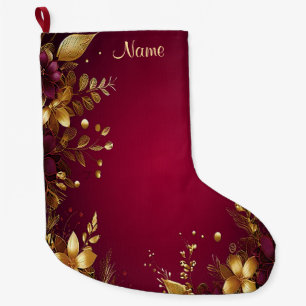 Burgundy Red Gold Flowers Holiday Stocking