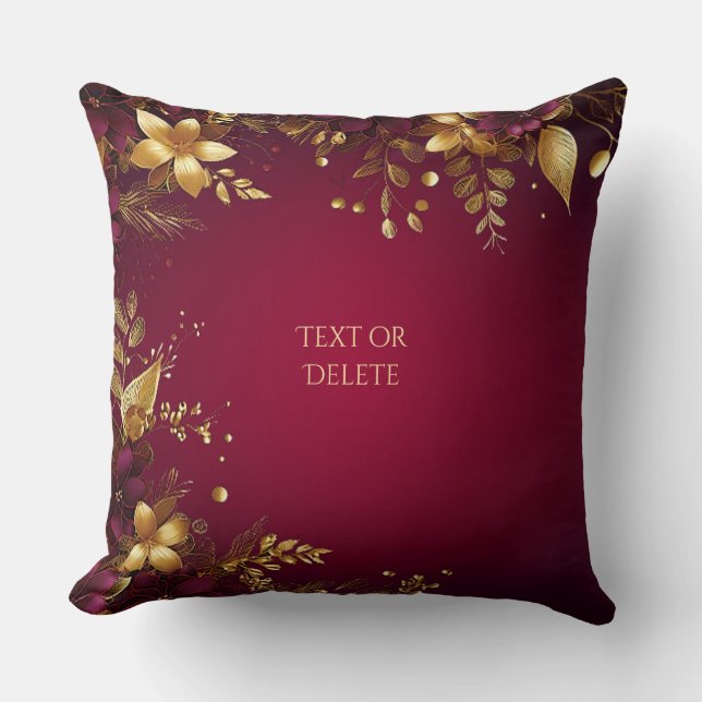 Burgundy Red Gold Flowers Holiday Throw Pillow (Front)