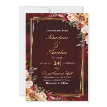 Burgundy Red & Gold Frame Floral Wedding Invite