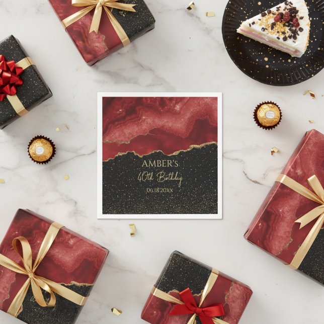 Burgundy Red Gold Glitter Abstract Watercolor Napkin (Creator Uploaded)