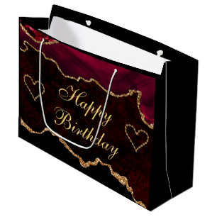 Burgundy Red & Gold Glitter Marble Agate Birthday Large Gift Bag